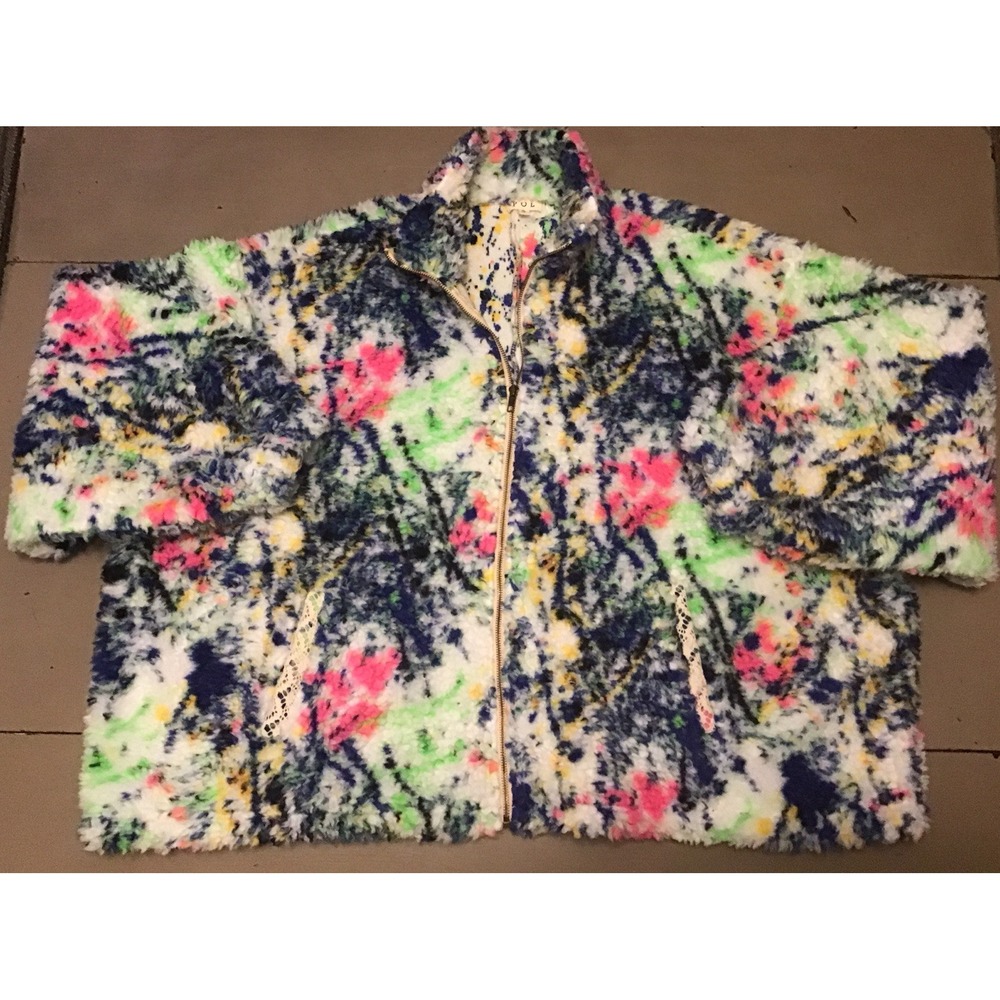 womens  POL Sherpa‎ floral patter zippered fleece Jacket Coat Oversized S